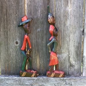 Antique African Tribal Multi Colored Hand-Carved Wood Couple, woman and man.